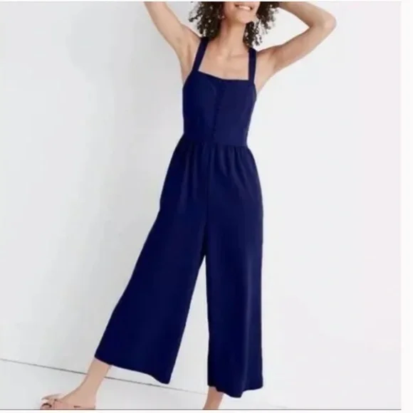 Madewell Smocked Button-Front Crop Jumpsuit - Picture 1 of 11